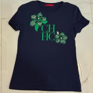 Carolina Herrera Navy Blue T-Shirt with Green Floral Design
